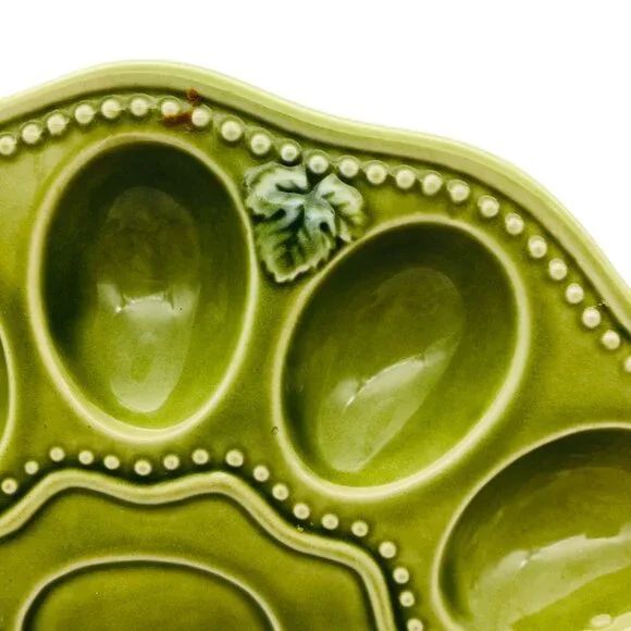 Vtg Green Majolica Deviled Egg Plate Grapevine Decorative Serving Platter